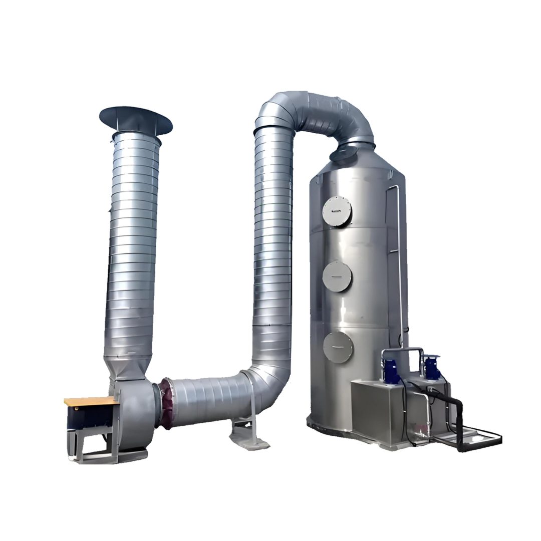 Wet scrubber spray tower with ductwork, blower and exhaust stack